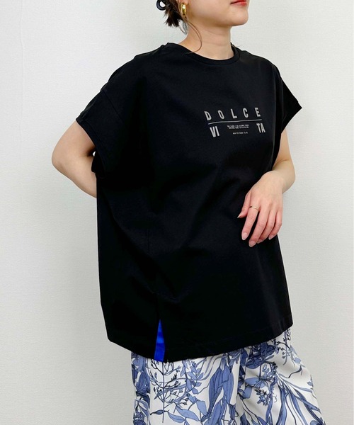 LUGIVA tシャツ カラーラインスリットTシャツ レディース