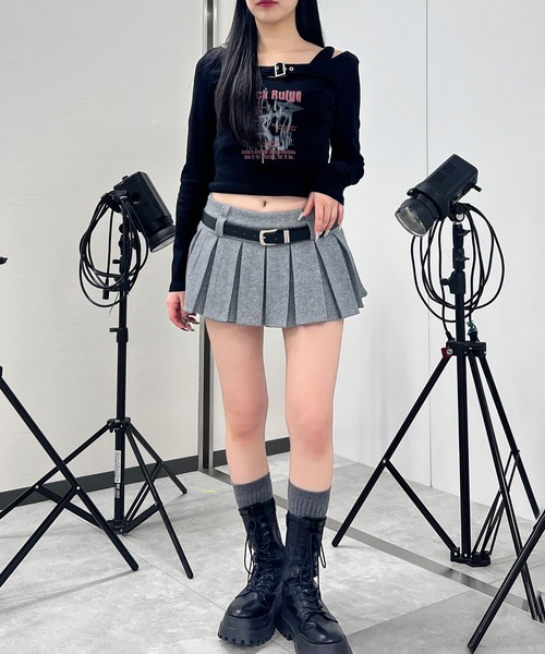 スカート ベルト付きダブルウエストプリーツミニスカート : ZOZOTOWN