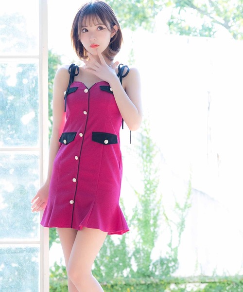 【新品】リボン付きフリルデザインタイトドレス DAZZY ドレス チェック柄 フロント ジップ フリル リボン タイト