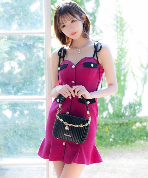 【新品】リボン付きフリルデザインタイトドレス DAZZY ドレス チェック柄 フロント ジップ フリル リボン タイト