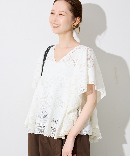スローブイエナ　レースフリルVネックブラウス　新品 SLOBE IENA ブラウス シャツ レースフリルVネックブラウス