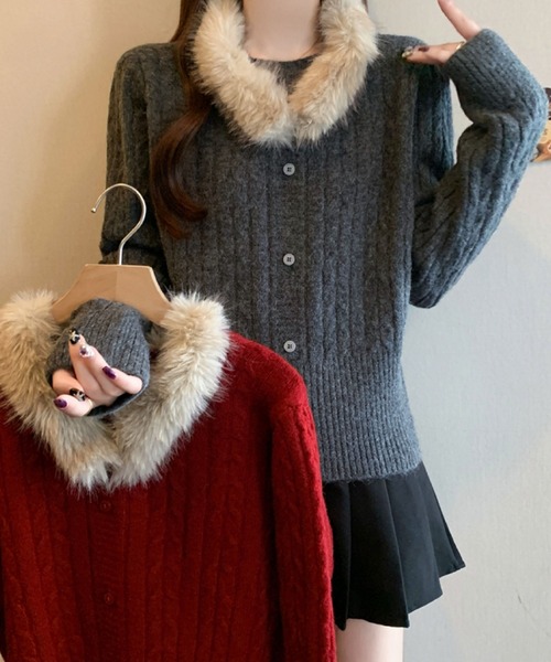 2ly2 ニット セーター ファー付きケーブルニット レディース