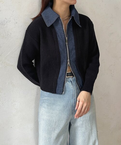 【45R】45rpm コットンデニムドッキングカーディガン ウラケジャケット 2 She's Closet カーディガン フェイクレイヤード異素材ドッキングデニム