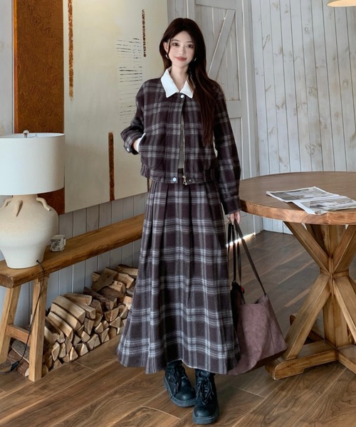 Aelina セットアップ 配色チェック柄ジャケット＆スカートセットアップ