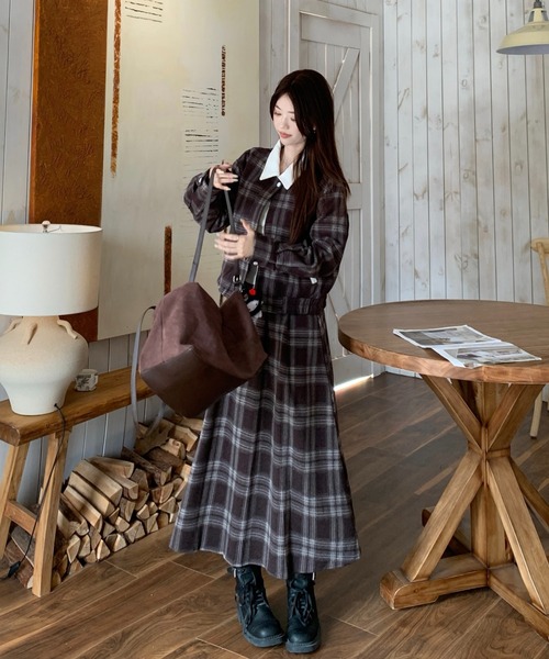Aelina セットアップ 配色チェック柄ジャケット＆スカートセットアップ