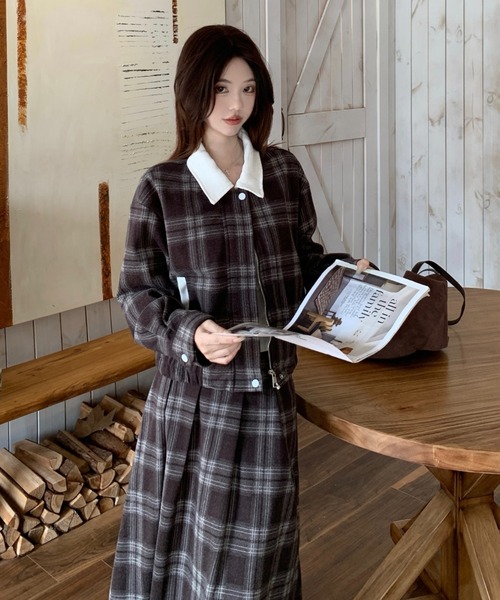 Aelina セットアップ 配色チェック柄ジャケット＆スカートセットアップ