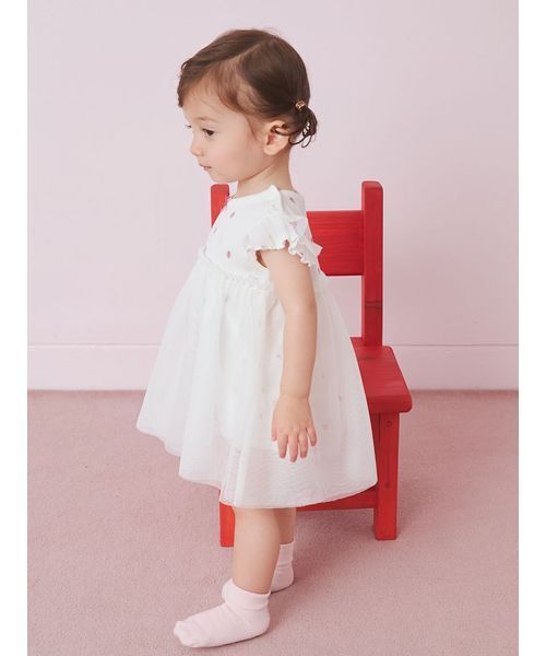 出産祝い 「ラッピング済み」「BABY」ストロベリー柄チュールロンパース＆スタイSETの画像