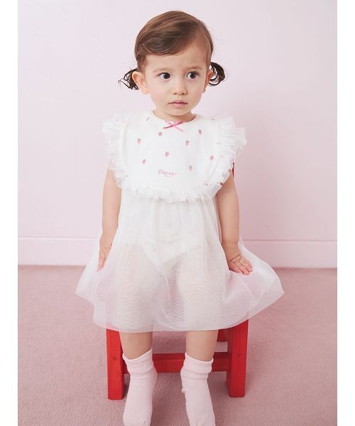 出産祝い 「ラッピング済み」「BABY」ストロベリー柄チュールロンパース＆スタイSETの画像