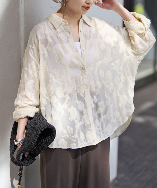 ブラウス シャツ HYU フラワージャガードシャツ レディースの画像