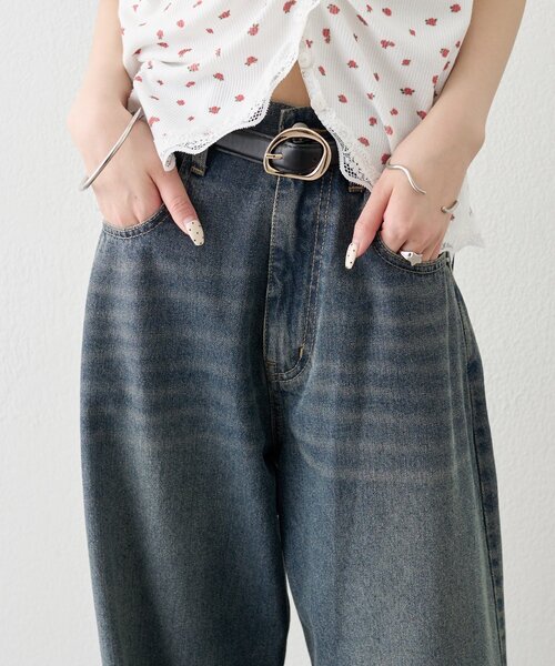 ジーンズ デニム デニムパンツ 「ベルトがSET/3サイズ展開」ベルト付きカーブワイドデニム レディースの画像