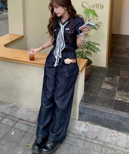 セットアップ シャツ × ワイドパンツ デニムセットアップ レディース 