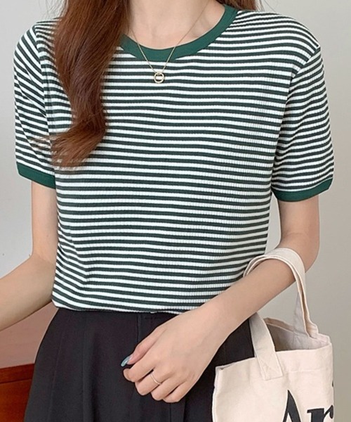 DAY CLOSET tシャツ レディース ボーダー柄パイピングTシャツ