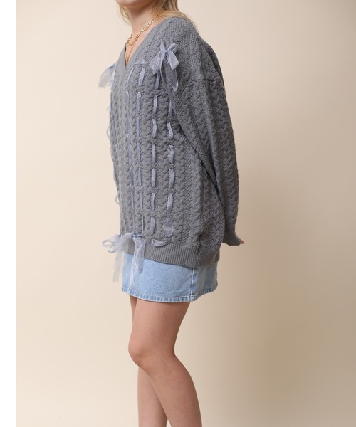 ニット セーター 「HOOK」for girls ケーブル編みリボン通しデザイン