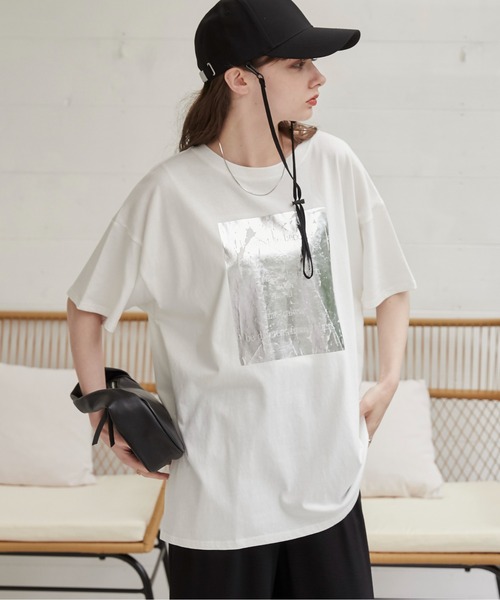 ANGIE tシャツ 半袖 箔 メタリック プリント ビッグシルエット