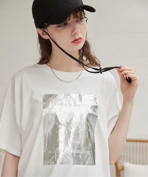 ANGIE tシャツ 半袖 箔 メタリック プリント ビッグシルエット