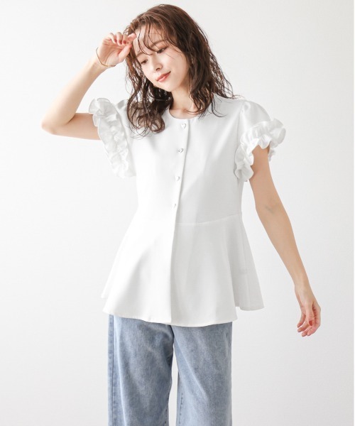 SUGAR BISKET ブラウス シャツ ハートボタンラッフル袖ペプラム