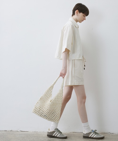 ブラウス シャツ 「tageechita」テクスチャー素材 フリンジ切替 開襟ラグランシャツ レディース メンズ tageechita ブラウス シャツ 「tageechita」テクスチャー素材