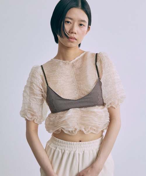 EN NEUME ブラウス シャツ 半袖 Sheer Crinkled Top レディース