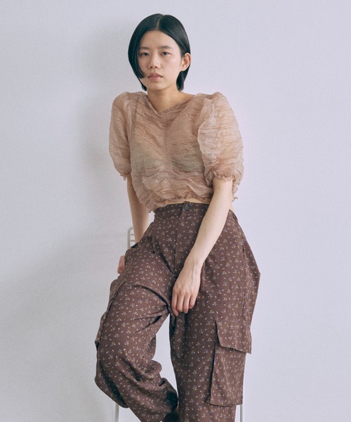 EN NEUME ブラウス シャツ 半袖 Sheer Crinkled Top レディース