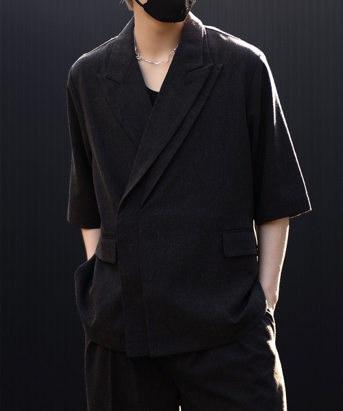 CLEL TR ダブルブレスト 半袖 テーラード ジャケット ブラック Sサイズ CLEL】Back Brushed TR Double Breasted Short Sleeve Tailored