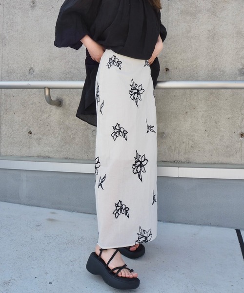 スカート cotton linen flower embroidery long skirt /綿麻