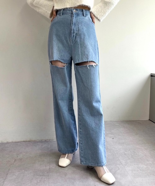 「one after another NICE CLAUP」 加工デニムパンツ SMALL ピンク レディース