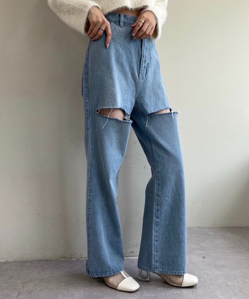 「one after another NICE CLAUP」 加工デニムパンツ SMALL ピンク レディース