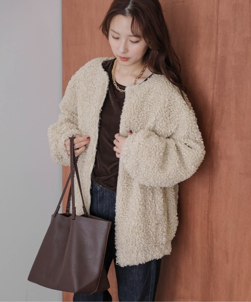 ジャケット ノーカラージャケット プードルファー レディース