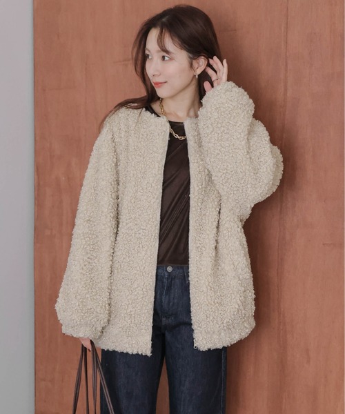 ジャケット ノーカラージャケット プードルファー レディース