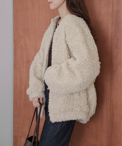 ジャケット ノーカラージャケット プードルファー レディース