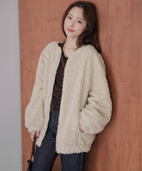 ジャケット ノーカラージャケット プードルファー レディース