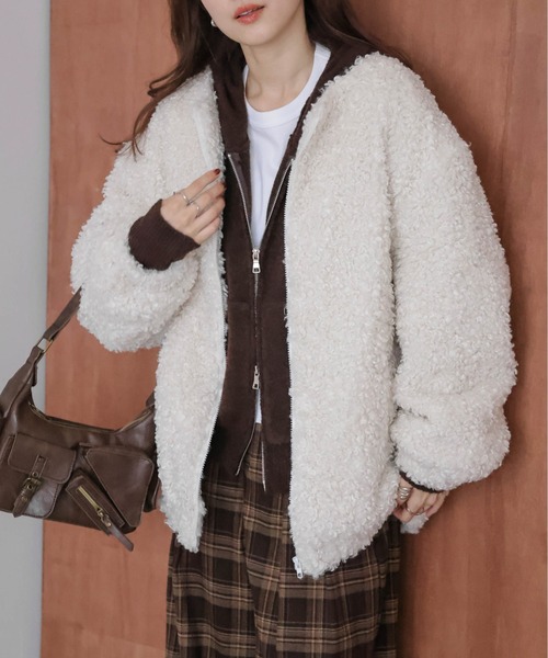 ジャケット ノーカラージャケット プードルファー レディース