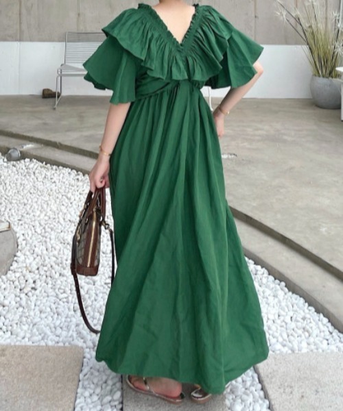 emi+ ワンピース 半袖 フリルVネックロングワンピース : ZOZOTOWN