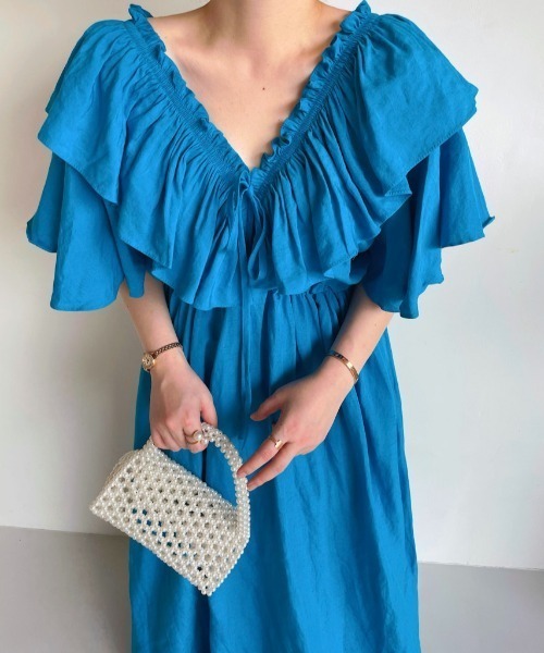 emi+ ワンピース 半袖 フリルVネックロングワンピース : ZOZOTOWN