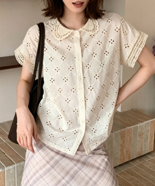 ブラウス シャツ 半袖 レース襟アイレット刺繍ブラウス レディース