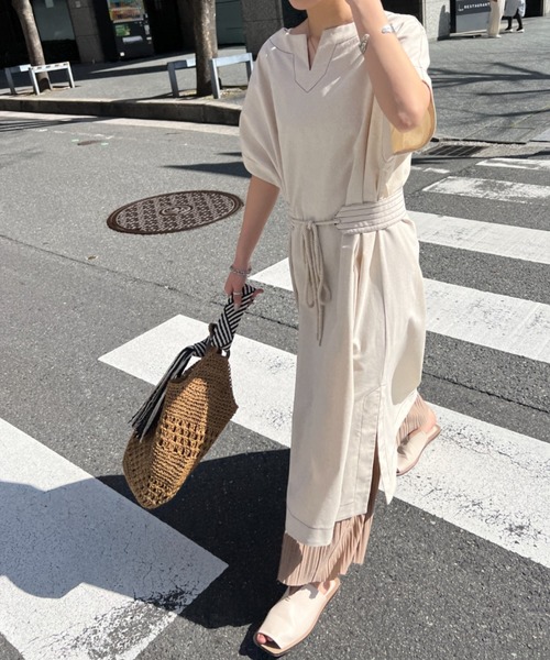 Chez toi ワンピース デザインベルト付配色ステッチワンピース