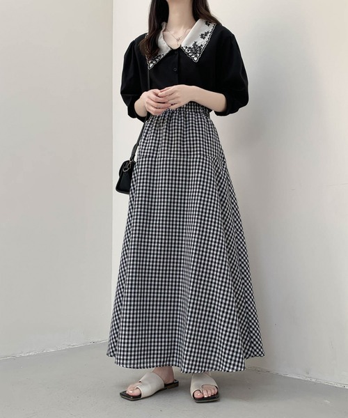 emi+ ロング スカート ギンガムチェックハイウエストフレアスカート