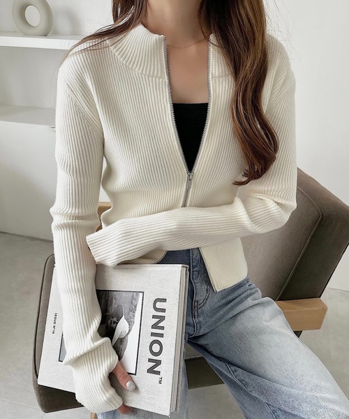 andme ニット セーター 吸湿/発熱ダブルジップ長袖リブニットトップス