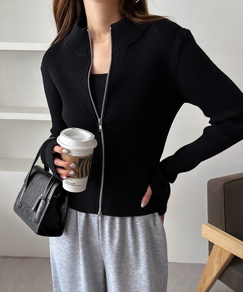 andme（アンドミー） ニット セーター 吸湿/発熱ダブルジップ長袖