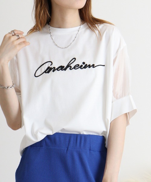tシャツ Anna Nicola コード刺繍ロゴ　袖シアープルオーバー レディース