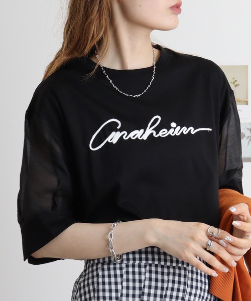 アンナニコラ Anna Nicola コード刺繍ロゴ袖シアープルオーバー （オフホワイト） Anna Nicola tシャツ コード刺繍ロゴ 袖シアープルオーバー
