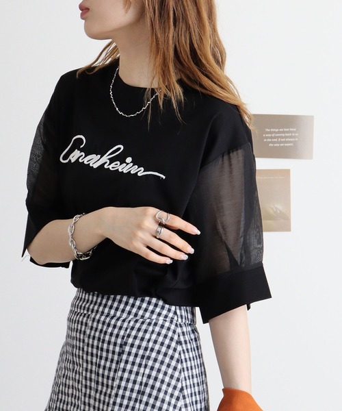 アンナニコラ Anna Nicola コード刺繍ロゴ袖シアープルオーバー （オフホワイト） Anna Nicola tシャツ コード刺繍ロゴ 袖シアープルオーバー
