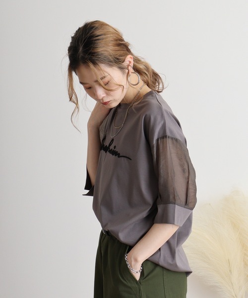 tシャツ Anna Nicola コード刺繍ロゴ　袖シアープルオーバー レディース Anna Nicola tシャツ コード刺繍ロゴ 袖シアープルオーバー