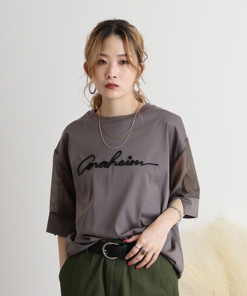 tシャツ Anna Nicola コード刺繍ロゴ　袖シアープルオーバー レディース Anna Nicola tシャツ コード刺繍ロゴ 袖シアープルオーバー