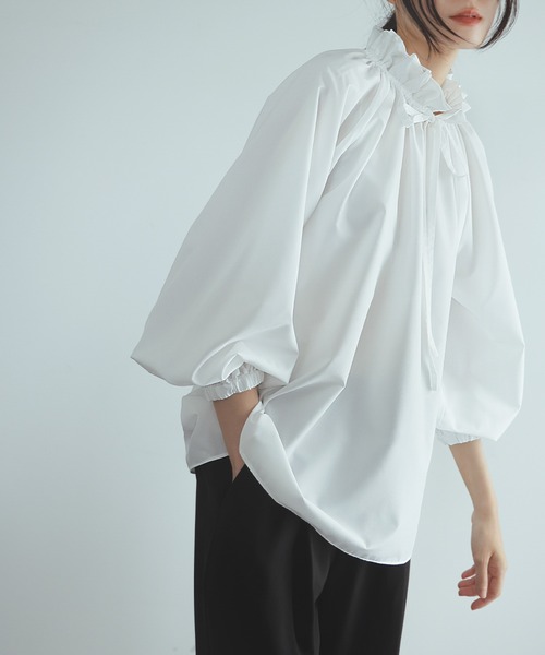 ☆2023.美品☆イエナ 後リボン スタンドカラーブラウス ボリューム袖 白 ☆2023.美品☆イエナ 後リボン スタンドカラーブラウス