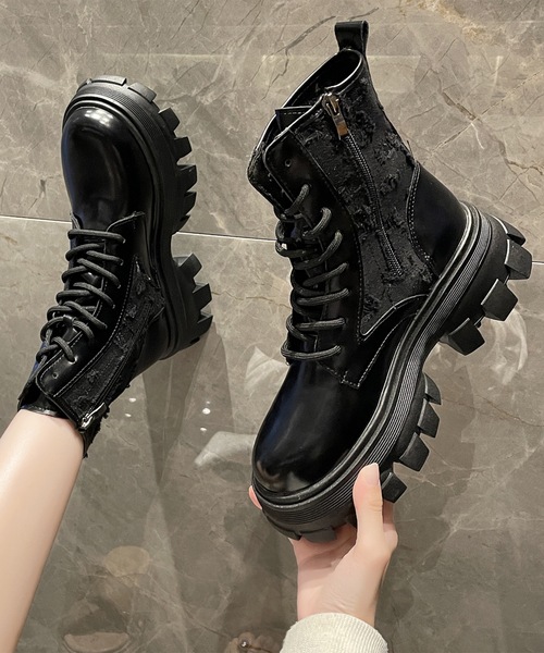 Lace Ladies ブーツ レザー調 厚底 レースアップ ショート