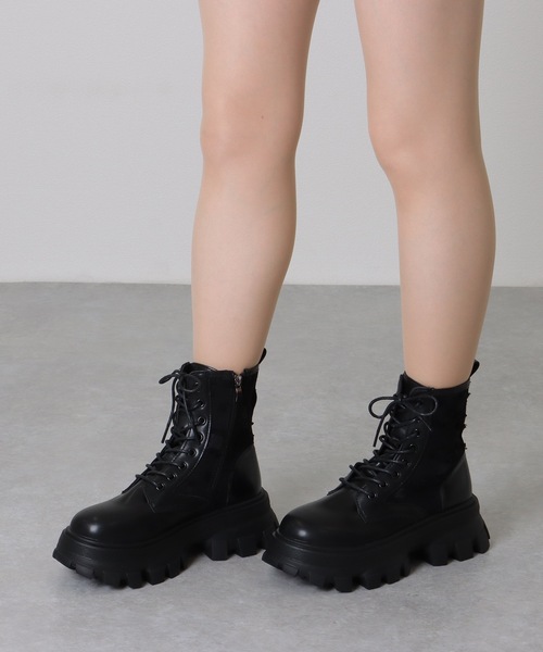 Lace Ladies ブーツ レザー調 厚底 レースアップ ショート