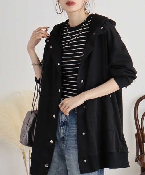 myke パーカー 裏毛ハイネックフード付きロングパーカー レディース