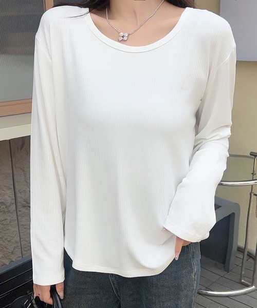 aimoha tシャツ ロングスリーブリブトップス レディース