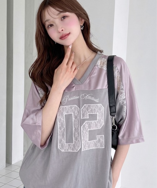 Ada. tシャツ 異素材ドッキング レース ナンバリング サテン ゲーム